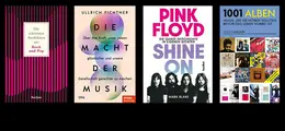 Vier Buchcover über Musik: "Rock und Pop", "Die Macht der Musik", "Pink Floyd Shine On", "1001 Alben".