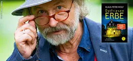 Text: "Klaus-Peter Wolf, Ostfriesen Erbe, Kriminalroman." Ein Mann mit Hut und Brille, Buchcover rechts.