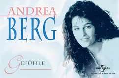 Text: "Andrea Berg, Gefühle." Schwarz-Weiß-Foto einer Frau mit lockigem Haar rechts.