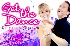 "Get the Dance: Der moderne Tanzkurs." Zwei lächelnde Personen tanzen freudig auf einem bunten Hintergrund.