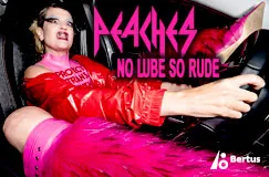 "PEACHES NO LUBE SO RUDE" steht in pinken Buchstaben. Eine Person in auffälligem, pinkem Outfit sitzt am Steuer.