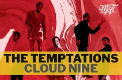 „THE TEMPTATIONS CLOUD NINE“ in gelber Schrift. Hintergrund in Rottönen mit fünf Männern und einem dekorativen Schriftzug oben.
