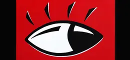 Das Bild zeigt eine stilisierte Darstellung eines Auges auf rotem Hintergrund mit schwarzen und weißen Flächen.