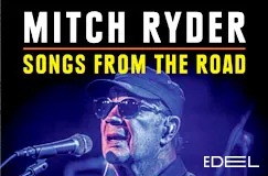 "Mitch Ryder Songs From The Road" in großen, markanten Buchstaben. Ein Musiker mit Mütze und Sonnenbrille singt am Mikrofon.