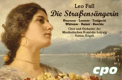 Text: "Leo Fall, Die Straßensängerin" mit Künstlernamen. Illustration zeigt Frau mit Blumen vor Landschaft. Logo "cpo".