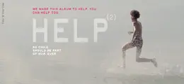 Text: "WE MADE THIS ALBUM TO HELP. YOU CAN HELP TOO. HELP (2)". Ein Kind läuft im Wasser.