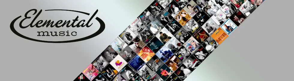 "Elemental music" steht in schwungvoller Schrift. Daneben sind viele kleine Albumcover in einem schrägen Raster angeordnet.