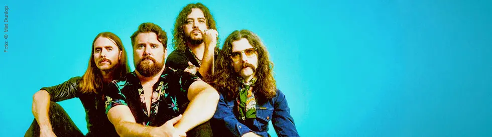 Vier Männer sitzen vor einem türkisfarbenen Hintergrund, entspannt und lässig gekleidet, teils mit langen Haaren und Bart.