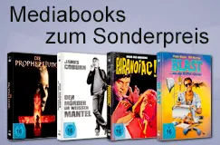 "Mediabooks zum Sonderpreis" steht über vier Filmboxen mit verschiedenen Covern, darunter ein Western und ein Actionfilm.