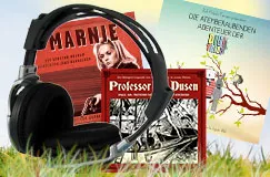"Marnie", "Professor van Dusen", "Die Abenteuerlichen Abenteurer". Kopfhörer liegt im Gras, Cover im Hintergrund.