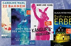 Texte: "22 BAHNEN", "Der Astronaut", "Die Känguru-Rebellion", "Ostfriesenzorn". Cover von vier verschiedenen Büchern.