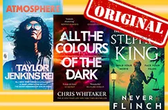 „ORIGINAL“ in rotem Stempelstil. Drei Buchcover: „ATMOSPHERE“, „ALL THE COLOURS OF THE DARK“, „NEVER FLINCH“.