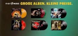 Große Alben. Kleine Preise. Sechs Schallplatten-Cover nebeneinander, jede mit einer bunten Platte. Logo oben links: earMUSIC.