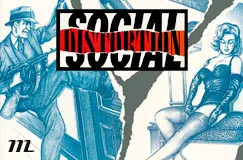 „SOCIAL DISTORTION“ steht in zentralen Buchstaben. Links ein Mann mit Waffe, rechts eine Frau in glamouröser Pose.