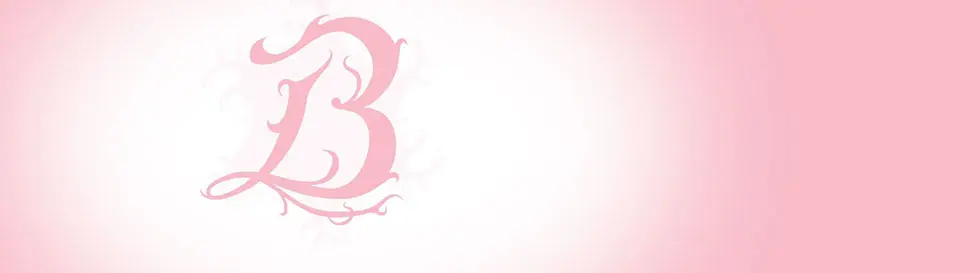 Der Buchstabe "B" in rosa, stilvoll verziert mit schwungvollen, floralen Elementen auf hellrosa Hintergrund.