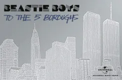 "Beastie Boys" und "To The 5 Boroughs" über gezeichneter Skyline mit bekannten Wolkenkratzern.