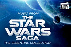 "Music from The Star Wars Saga: The Essential Collection". Galaktisches Hintergrundbild mit Planeten. MOV-Logo oben rechts.