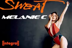 "Sweat, Melanie C" steht im Bild. Eine Frau in rotem Sportanzug posiert kraftvoll vor dunklem Hintergrund.