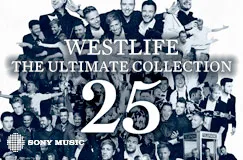 "Westlife The Ultimate Collection 25", Collage von Menschen in Schwarz-Weiß, unten links ein Logo.