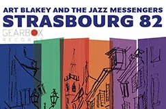 "ART BLAKEY AND THE JAZZ MESSENGERS STRASBOURG 82", bunte Skizze von Straßengebäuden auf farbigen Streifen.