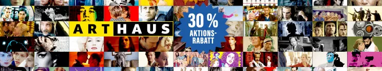 Text: "ARTHAUS", "30% AKTIONSRABATT". Eine Collage aus verschiedenen Filmszenen in einem Streifenmuster.