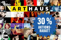 ARTHAUS-Logo, 30 % Aktionsrabatt. Collage aus Filmbildern in verschiedenen Farben und Stilen.