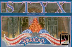 STYX, PARADISE THEATRE, in leuchtenden Buchstaben, A&M-Logo, prachtvolles Theatergebäude mit kunstvollen Details.