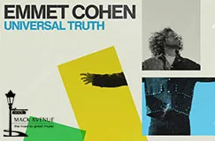 "EMMET COHEN UNIVERSAL TRUTH" in blauem und schwarzem Text. Illustration mit bunten Rechtecken und einer Person.
