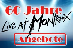 Text: "60 Jahre Live At Montreux Angebote". Hintergrund mit blauen Lichtern und Spotlights.