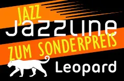 "Jazzline: Jazz zum Sonderpreis, Leopard." Text auf orangem Hintergrund mit schwarzem und weißem Leopardenlogo.