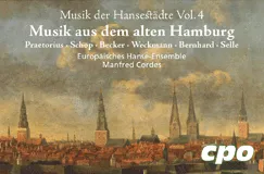 Musik der Hansestädte Vol. 4, cpo-Logo unten rechts. Gemalte Stadtszene mit alten Gebäuden und Kirchtürmen.