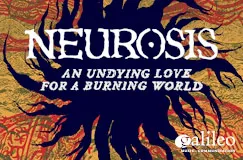 Text: "NEUROSIS", "AN UNDYING LOVE FOR A BURNING WORLD". Illustration mit Flammen und einem dunklen, radialen Muster.