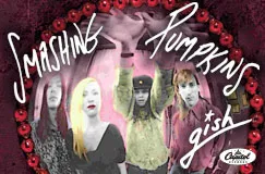 „Smashing Pumpkins, gish“ in weißer Schrift, vier Personen posieren darunter.