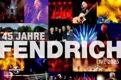 "45 Jahre Fendrich Live 2025" steht über einer Collage von Konzertfotos mit bunten Lichtern und Musikern.