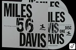 Texte: "MILES 56 DAVIS". Grafik mit Schwarz-Weiß-Design und Logo.