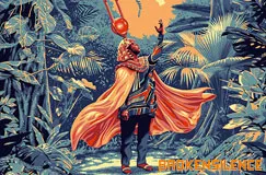 Illustration eines majestätischen Reisenden in einem tropischen Dschungel mit leuchtendem Cape.