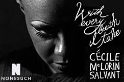 Texte: "With every breath I take" und "Cécile McLorin Salvant". Schwarz-weiß Bild eines nachdenklichen Gesichts. Links unten ein Logo.
