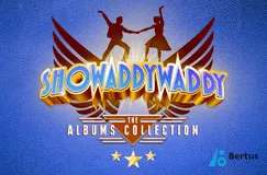 „SHOWADDYWADDY THE ALBUMS COLLECTION“. Silhouetten eines tanzenden Paars vor Flügeln, Sterne darunter.