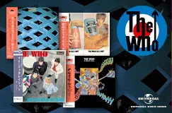 Texte: "The Who Sell Out", "The Who". Albumcover, Logos und ein grafisches Design mit schwarzem und blauem Hintergrund.