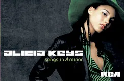 "Alicia Keys, songs in A minor." Frau mit grünem Hut und gestreiftem Hemd, RCA-Logo unten rechts.