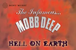 "The Infamous Mobb Deep" in großer silberner Schrift, darunter "Hell on Earth". Hintergrund: Rote Wolkenformation.