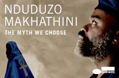 Text: "NDUDUZO MAKHATHINI THE MYTH WE CHOOSE." Ein Mann blickt nach oben, trägt ein blaues Gewand mit Ankhsymbol.