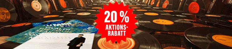 "20% AKTIONS-RABATT" in einem roten Stern. Hintergrund: viele Schallplatten. Drei Alben-Cover links.