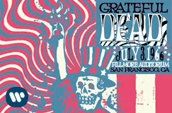"GRATEFUL DEAD, JULY 3, 1966, FILLMORE AUDITORIUM, SAN FRANCISCO, CA" steht über einer bunten, psychedelischen Illustration.