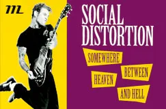 Texte: "SOCIAL DISTORTION", "SOMEWHERE BETWEEN HEAVEN AND HELL". Musiker springt mit E-Gitarre, gelber Hintergrund.