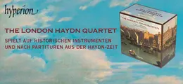 The London Haydn Quartet spielt Joseph Haydns sämtliche Streichquartette. Rechts ein Box-Set. Links oben das Hyperion-Logo.