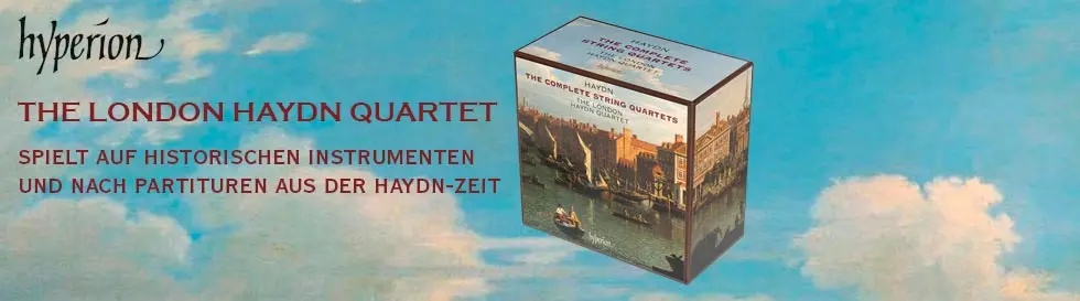 The London Haydn Quartet spielt Joseph Haydns sämtliche Streichquartette. Rechts ein Box-Set. Links oben das Hyperion-Logo.
