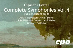 "Cipriani Potter, Complete Symphonies Vol. 4, Duo concertant op. 14". Darunter Orchester- und Interpretenangaben. Landschaftsillustration. cpo-Logo.