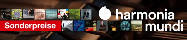 "Sonderpreise" in rotem Kasten, "harmonia mundi" in Weiß. Darunter CD-Cover auf dunkelbraunem Hintergrund.