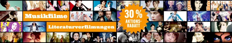 Musikfilme, Literaturverfilmungen. 30% Aktions-Rabatt. Collage aus Filmszenen und Porträts.